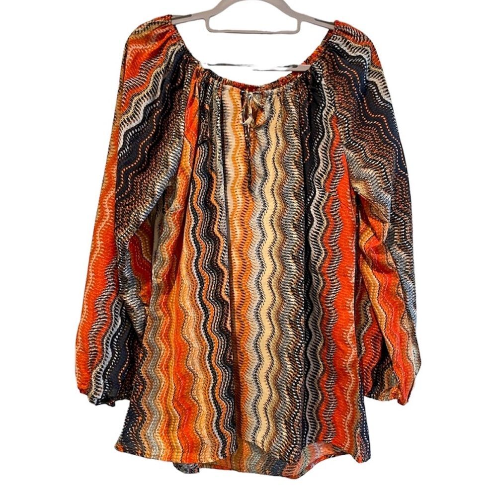 Fashion Fuse Boho‎ Keyhole Flowy Long Sleeve Blouse Orange Navy Size 1X